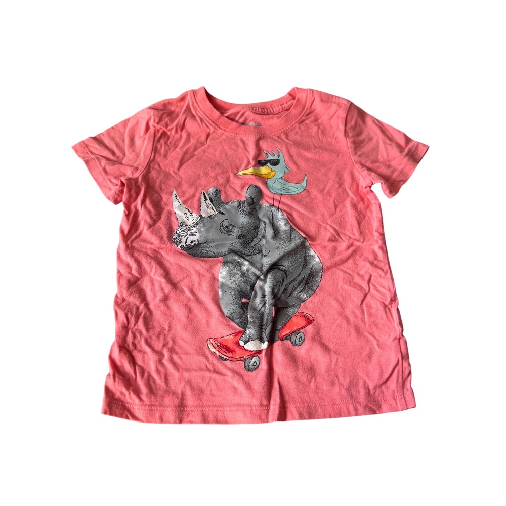Cat & Jack Toddler Boys Coral Pink Skateboard Rhino Graphic Tee Shirt 4T